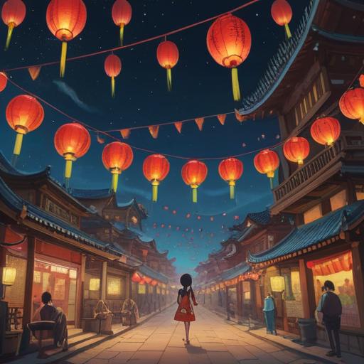 A serene and vibrant scene depicting the Lunar New Year celebrations, colorful lanterns glowing under a starry night sky, a festive atmosphere filled with family gatherings, symbolic dragon and lion dances, traditional red and gold decorations, spiritual elements like incense and offerings on a table, depicting prosperity and good fortune, warm and inviting ambiance, intricate details reflecting cultural significance, 4k