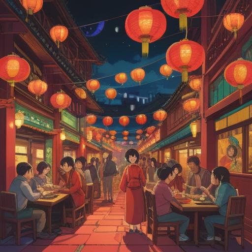 A vibrant illustration depicting the lunar new year celebration, traditional red lanterns hanging, colorful dragon dance, families gathered for reunion dinner, symbolic images of prosperity and luck, cherry blossoms in bloom, spiritual symbols like the yin-yang and zodiac animals, festive atmosphere, detailed background, rich cultural elements