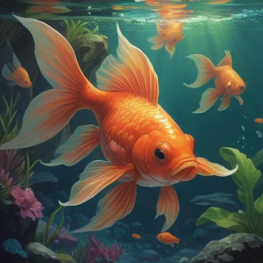 A mystical illustration of a goldfish (出目金) symbolizing spiritual significance, vibrant colors, serene underwater scene, gentle flowing water, ethereal light illuminating the fish, surrounded by flowing plants and shimmering bubbles, harmony and balance, deep connection to the spirit world, 4k