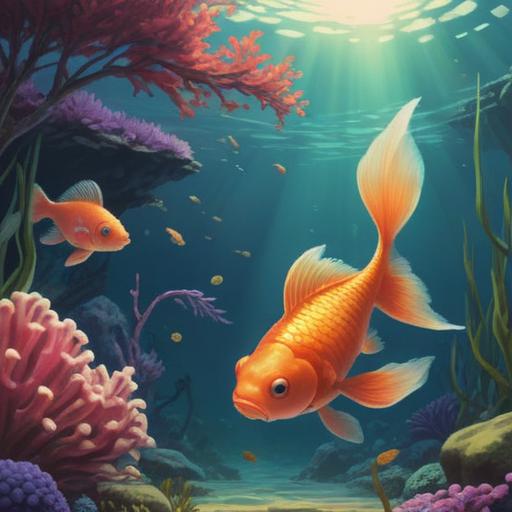 A serene underwater scene, a goldfish with rounded features swimming gracefully, surrounded by soft light rays, vibrant coral reef in the background, spiritual aura depicted with glowing orbs, gentle waves creating a calming effect, representing good signs and positive energy, peaceful atmosphere, vibrant colors, 4k