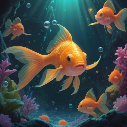 A serene underwater scene featuring a goldfish, glowing softly with ethereal light, surrounded by shimmering bubbles, representing spiritual signs, tranquil ambiance, gentle waves, mystical flora, vibrant colors, harmonious energy, 4k