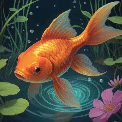 A serene and captivating illustration of a goldfish (出目金) gracefully swimming in a tranquil pond, surrounded by vibrant lotus flowers, shimmering water reflections, a gentle breeze causing ripples, golden rays of sunlight breaking through lush green foliage, symbolizing prosperity and good fortune, tranquil ambiance, 4k