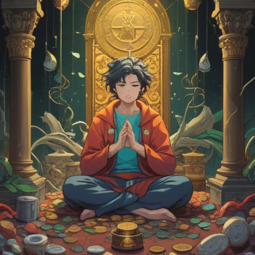 A contemplative scene depicting financial strain, symbolic of spiritual growth during challenging times, a figure meditating surrounded by bills and coins, a halo of light representing clarity and wisdom, contrasting dark clouds above and a serene glow below, rich textures and intricate details, emotional depth, 4k
