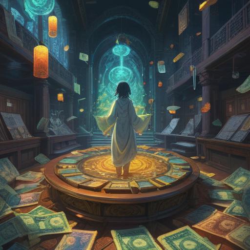 A mystical scene depicting spiritual signs appearing as money flows out, ethereal light surrounding the symbols, intricate details of currency transforming into glowing patterns, a serene landscape in the background, emphasizing the connection between money and spirituality, vibrant colors, enchanting atmosphere, 4k