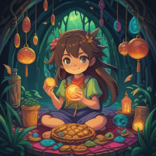 A whimsical illustration of a lucky charm, vibrant colors, surrounded by glowing amulets and coins, a character holding the charm with a hopeful expression, warm sunlight filtering through, enchanting forest backdrop, magical aura, charming design, 4k