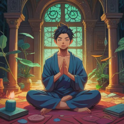 A serene illustration depicting the concept of spiritual meaning during times of financial strain, a person meditating amidst a chaotic environment, symbols of abundance and gratitude surrounding them, warm uplifting colors, ethereal light shining down, an aura of calmness and reflection, contrasting the stress of expenses, 4k