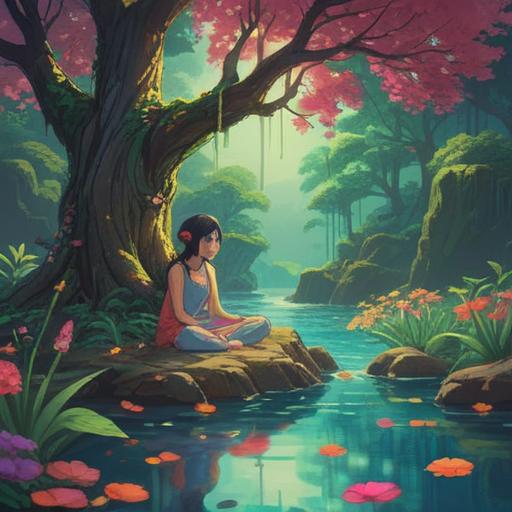 A serene and tranquil scene depicting a person meditating under a lush, ancient tree, surrounded by vibrant flowers and gently flowing water, soft sunlight filtering through the leaves, symbols of abundance represented by golden coins and sparkling light, a sense of peace and spiritual awakening, vibrant colors, harmonious atmosphere, 4k