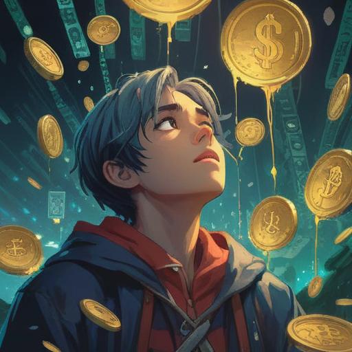 A captivating illustration depicting a person surrounded by floating coins and bills, looking upward with a contemplative expression, ethereal light illuminating their face, symbols of spiritual guidance like feathers and stars in the background, a feeling of awareness and caution, harmonious colors, intricate details in the setting, evocative of spiritual insights and financial awareness, 4k