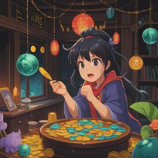 A magical scene depicting a charming, whimsical item that brings good fortune during times of financial strain, surrounded by sparkling coins and bills, warm light illuminating the item, an inviting atmosphere, playful and hopeful expressions, embedded in a vibrant market setting, 4k