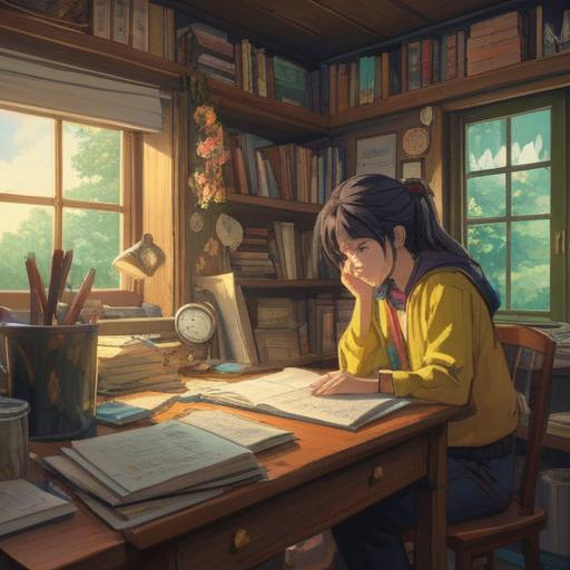 A serene and thoughtful scene depicting a person calmly reviewing their finances at a cozy home workspace, piles of organized paperwork on a desk, a laptop displaying budgeting software, a cup of herbal tea, soft sunlight filtering through a window, a sense of relief and control, visual elements symbolizing financial peace, 4k