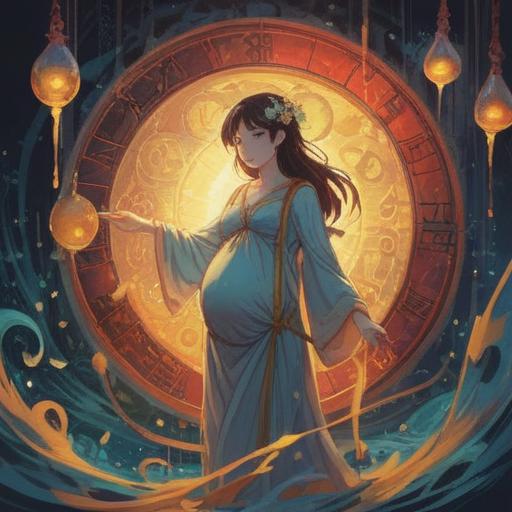 A serene and mystical illustration depicting a pregnant woman surrounded by ethereal light, symbolic representations of time, such as flowing hourglasses and blooming flowers, a peaceful expression on her face, nature elements like gentle winds and soft colors, emphasizing the spiritual connection to motherhood, 4k