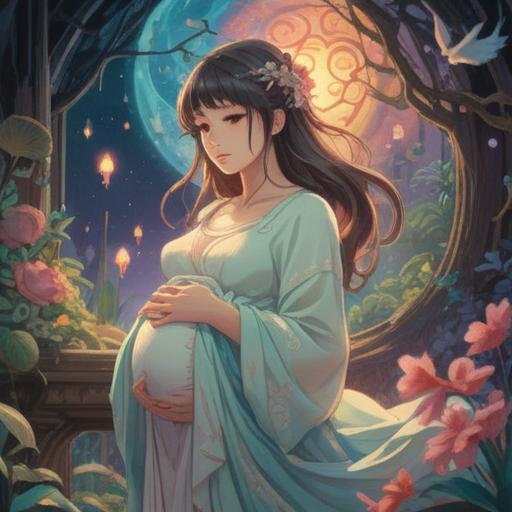 A serene and ethereal scene illustrating a pregnant woman in a tranquil environment, surrounded by gentle light and soft pastel colors, symbols of spiritual awakening around her, like ethereal butterflies and glowing orbs, an aura of calmness and hope, depicting the connection between the mother and her unborn child, nature in bloom, peaceful atmosphere, emphasis on the beauty of impending childbirth, 4k