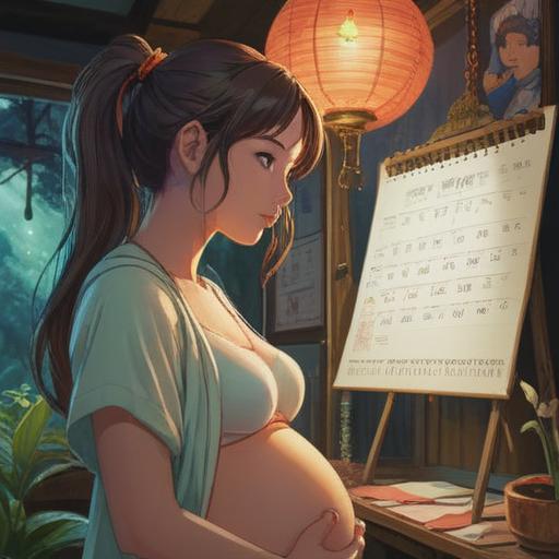 A serene illustration depicting a pregnant woman looking at a calendar with her due date highlighted, surrounded by ethereal light, signs of nature such as blooming flowers and gentle breezes, spiritual symbols like a crescent moon and stars in the background, a feeling of tranquility and anticipation, warm pastel colors, 4k