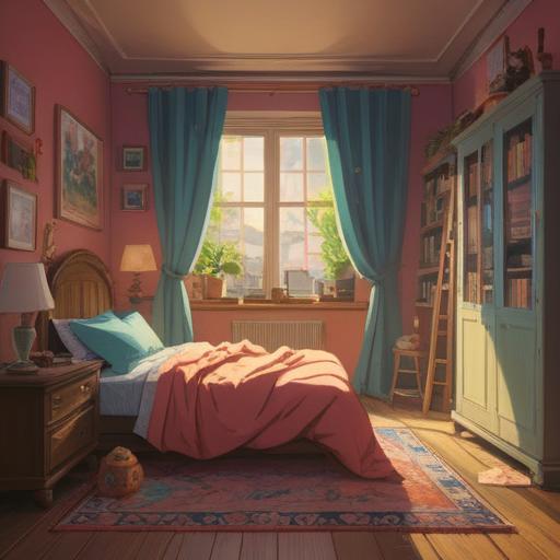 A serene prenatal scene, cozy bedroom, expectant mother surrounded by lucky charms, glowing ambiance, soft sunlight filtering through curtains, joyful anticipation, heartwarming details, symbolic items like a stork figurine and lucky bamboo, intimate atmosphere, 4k