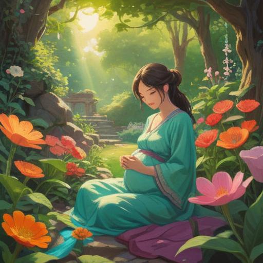 A serene scene of a pregnant woman practicing mindfulness in a peaceful garden, surrounded by blooming flowers, gentle sunlight filtering through the leaves, her expression calm and reflective, soft colors, tranquil atmosphere, hints of nature's beauty suggesting peace, 4k