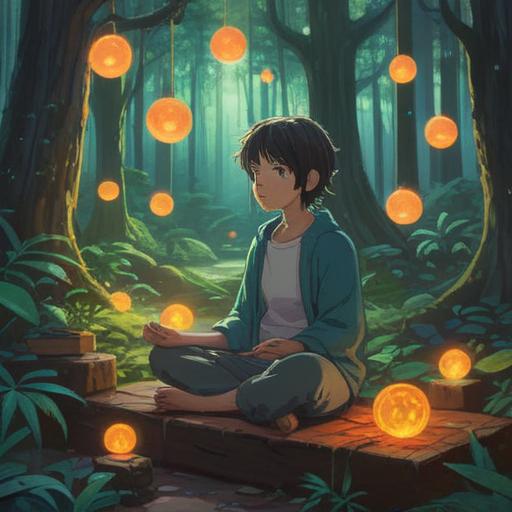A serene and mystical scene, a person meditating in a tranquil forest, glowing orbs of light representing spiritual connections, soft beams of sunlight filtering through the trees, a gentle breeze rustling the leaves, vibrant colors reflecting inner peace, detailed nature elements, embodying harmony and clarity, 4k