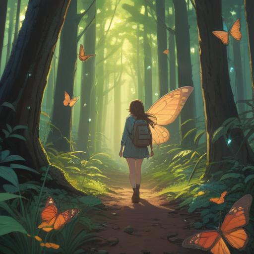 A serene landscape depicting a person walking through a forest, the sunlight filtering through the trees, ethereal glow around them, numerous butterflies symbolizing change and transformation, faint symbols in the air representing spiritual signs, a gentle breeze creating movement, calm and inviting atmosphere, 4k