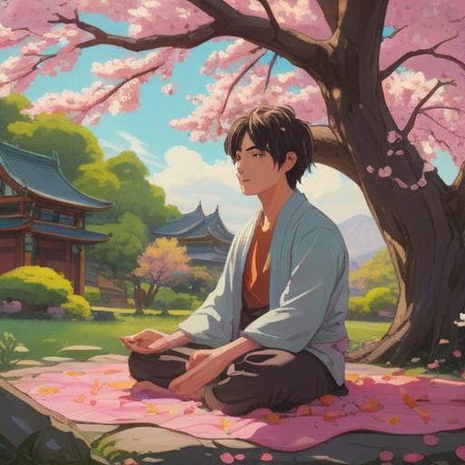 A serene illustration depicting a person meditating under a blooming cherry blossom tree, radiant sunlight filtering through the branches, surrounded by soft petals gently falling, symbolic representations of connection and love in the background, uplifting energy, harmonious colors, peaceful atmosphere, 4k