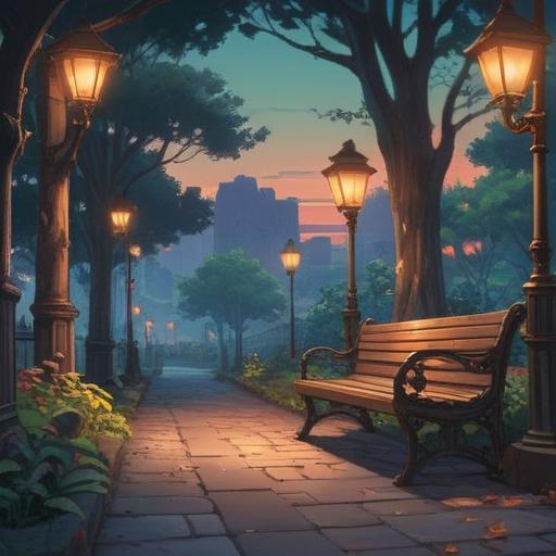 A serene and introspective scene, an empty park bench under a twilight sky, soft glow of streetlights around, symbolizing loneliness and isolation, a gentle breeze rustling the leaves, ethereal light illuminating the space, clouds drifting in the sky, a sense of yearning for connection, spiritual reflection on solitude, 4k