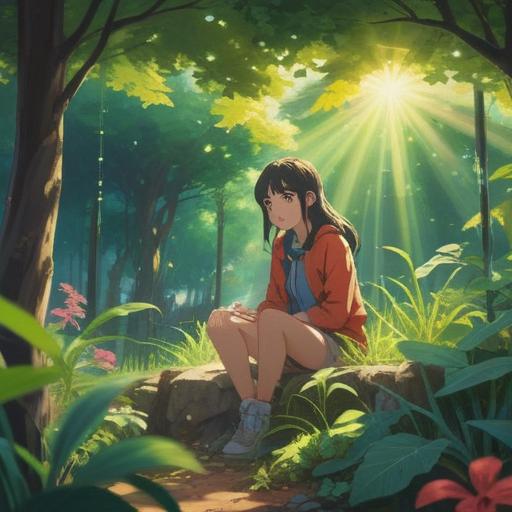 A serene moment of reflection, an individual sitting alone in a tranquil garden, soft rays of sunlight filtering through the leaves, subtle signs of nature around, symbols of hope like blooming flowers and butterflies, a gentle breeze creating a peaceful atmosphere, vibrant colors, uplifting ambiance, spiritual elements subtly integrated, 4k