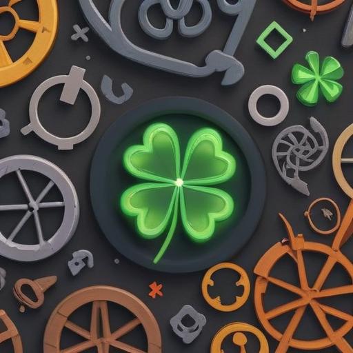 A whimsical flat lay arrangement of various lucky items, vibrant colors, a shiny four-leaf clover, glowing horseshoe, delicate wishbone, colorful lucky charms, serene background, inviting ambiance, suggestive of hope and new encounters, 4k