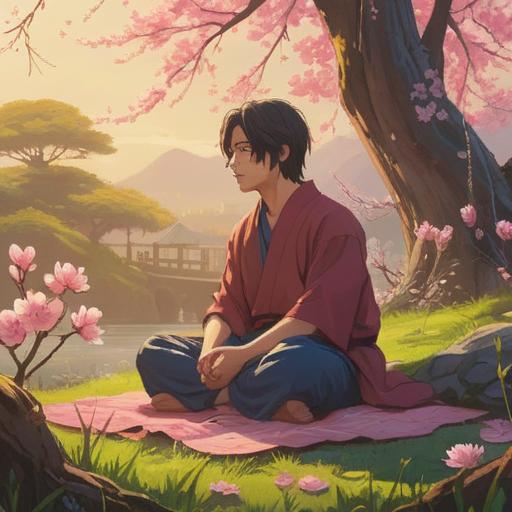 A serene scene depicting a person meditating under a blooming cherry blossom tree, soft sunlight filtering through the branches, symbols of fortune and luck surrounding them, a gentle breeze creating a peaceful atmosphere, focus on inner peace and positivity, harmonious colors, tranquil expression, inspiration for attracting good fortune, 4k