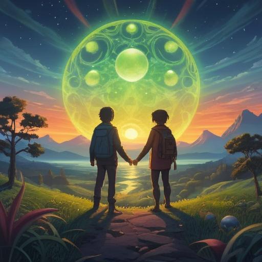 A serene and ethereal landscape depicting a symbolic meeting between two figures, surrounded by glowing orbs of light to represent spiritual connections, soft pastel colors, gentle flowing water in the background, harmonious nature elements like blooming flowers and shimmering trees, an uplifting and tranquil atmosphere, insightful expressions on characters’ faces, dreamlike quality, 4k