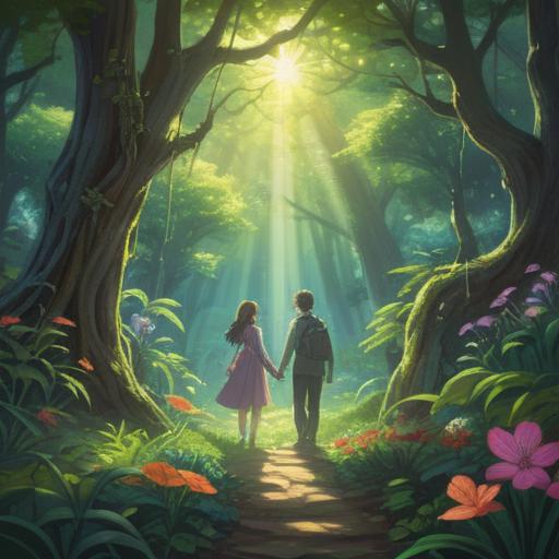 A serene illustration of two figures meeting in a lush, tranquil garden, beams of sunlight filtering through the trees, ethereal glow surrounding their embrace, symbolic elements like butterflies and flowers representing spiritual connection, peaceful expressions, vibrant colors, harmonious atmosphere, 4k