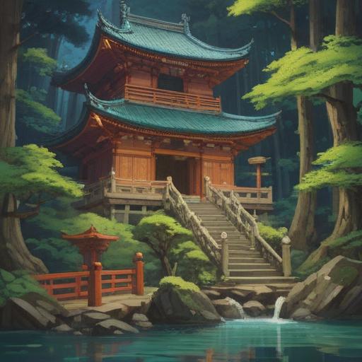 A serene illustration of Izumo Taisha, capturing its spiritual essence, traditional Shinto architecture, lush green surroundings, sacred trees, tranquil atmosphere, worshippers engaging in prayer, soft sunlight filtering through the leaves, a sense of peace and spirituality, 4k