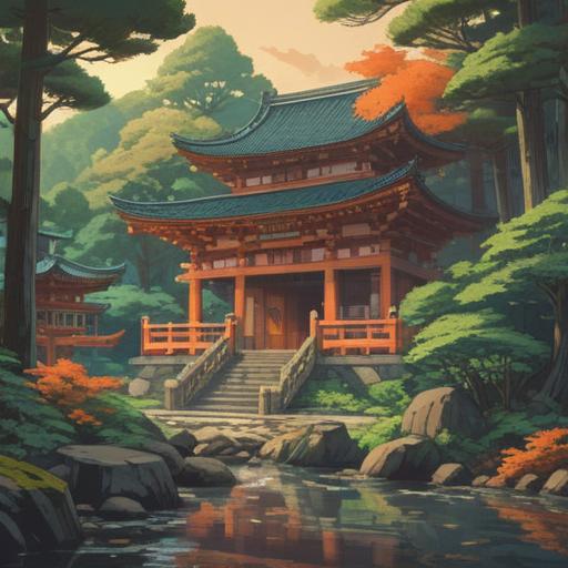 A serene illustration of Izumo Taisha, traditional Japanese architecture, lush greenery surrounding the shrine, soft sunlight filtering through the trees, people peacefully praying, spiritual atmosphere, harmonious connection with nature, vibrant sky, detailed texture of the wooden structures, hopeful energy, 4k