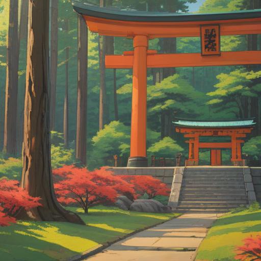 A serene visit to Izumo Taisha Shrine, spiritual signs around the sacred grounds, gentle sunlight filtering through trees, offerings and talismans placed at the shrine, visitors in reflection, ethereal atmosphere, vibrant natural colors, guided by a sense of tranquility, deep connection to tradition, 4k