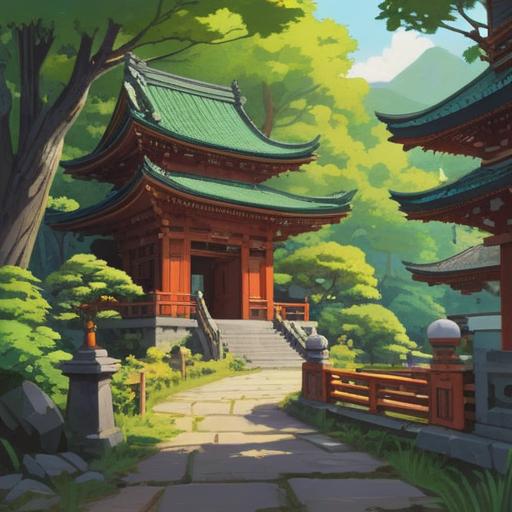 A serene illustration of Izumo Taisha Shrine, vibrant Japanese architecture, lush green surroundings, a visitor holding a lucky item like an omamori, rays of sunlight filtering through the trees, calming atmosphere, symbolic representation of good fortune, 4k