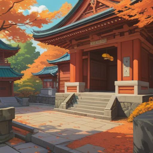 A serene illustration of the Osaka branch of Izumo Taisha shrine, a tranquil atmosphere, vibrant autumn foliage surrounding the shrine, a gleaming lucky charm in the foreground, intricate architectural details of the shrine, soft sunlight filtering through the trees, peaceful scene, 4k