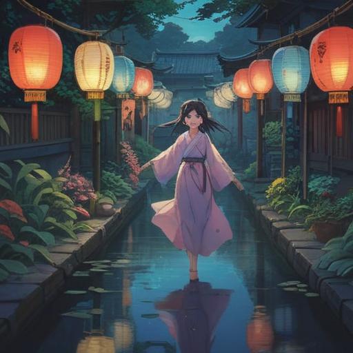 A serene landscape during Kamizakuzuki, ethereal spirits dancing in the moonlight, soft glow of lanterns illuminating the scene, lush greenery and tranquil waters reflecting the night sky, symbolic signs of good fortune and spirituality, gentle breeze rustling through leaves, inviting atmosphere, harmonious coexistence of nature and the divine, 4k