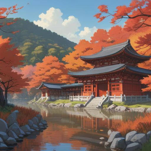 A serene landscape of Izumo Taisha during the month of Kamiarizuki, showing autumn leaves, traditional Shinto rituals in action, spiritual symbols in the environment, people reflecting and meditating, soft morning light illuminating the shrine, a sense of tranquility and divine presence, connection to nature, 4k