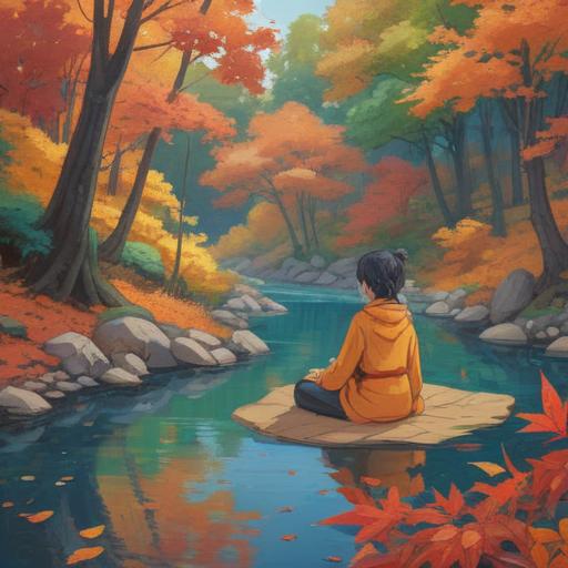A serene illustration of a tranquil meditation scene during Kamizuk month, a peaceful nature setting with vibrant autumn leaves, a calm river flowing gently, a meditative figure sitting cross-legged, surrounded by soft glowing lights, reflecting on inner peace, harmonious atmosphere, 4k