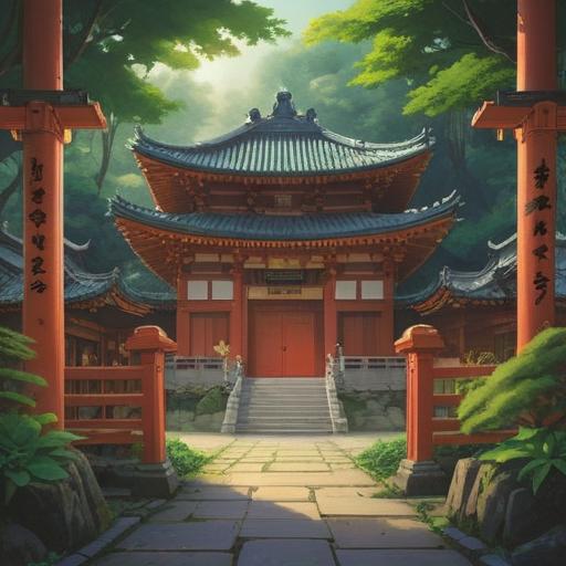 A mystical scene depicting Izumo Taisha, ancient Shinto shrine, representing spiritual significance, surrounded by lush greenery, serene atmosphere, blue sky in the background, traditional architecture with intricate details, ethereal light illuminating the shrine, symbolic elements of spirituality, tranquil setting, harmony with nature, 4k