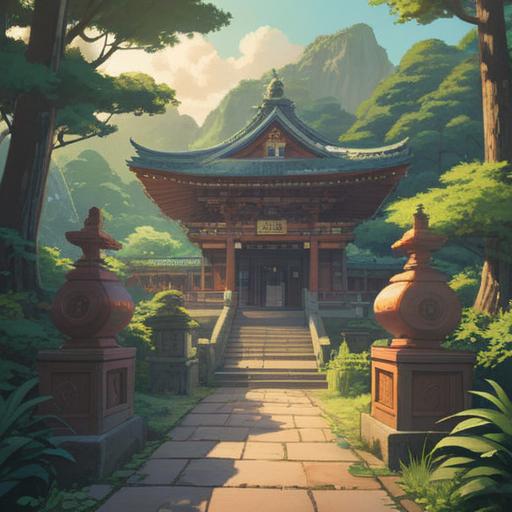 A serene illustration of Izumo Taisha shrine, surrounded by lush greenery, a mystical aura, gentle rays of sunlight filtering through the trees, symbolic signs of good fortune, ethereal spirits or symbols appearing in the air, peaceful atmosphere, traditional Japanese architecture, rich cultural heritage, 4k