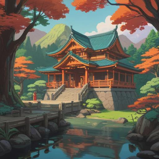 A serene and inviting illustration of Izumo Taisha, traditional Japanese architecture, surrounded by lush greenery, lucky items such as a red string, Shinto talismans, a clear blue sky, peaceful atmosphere, cultural significance, 4k
