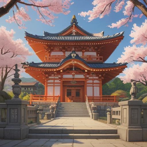 A unique and memorable visit to Izumo Taisha, traditional Japanese shrine architecture, cherry blossoms in full bloom, worshippers and tourists in cultural attire, serene atmosphere, sunlight filtering through the trees, torii gate leading to the shrine, intricate details of sacred symbols, harmonious blend of nature and spirituality, 4k