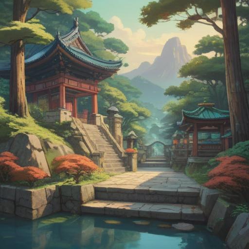 A serene landscape of Izumo featuring ancient shrines, lush greenery, mystical stone pathways, ethereal light filtering through the trees, pilgrims in traditional attire, spiritual energy emanating from the ground, tranquil water flowing nearby, deep cultural significance, inviting atmosphere, 4k