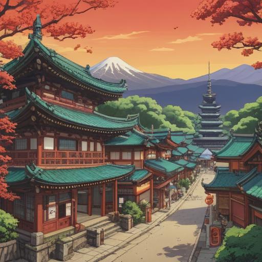 A vibrant illustration depicting various lucky items for enhancing tourism in Izumo, picturesque Izumo Shrine in the background, local cuisine items like soba noodles and sweet dumplings, traditional Japanese motifs, tourists enjoying their visit, bright colors, cheerful atmosphere, intricate details, 4k