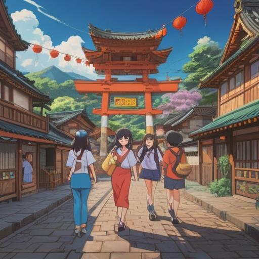 A vibrant illustration of a group of friends enjoying a unique activity during their trip to Izumo, surrounded by beautiful traditional Japanese scenery, cherry blossoms gently falling, engaging in local customs like making wishes at Izumo Taisha Shrine, trying out regional cuisine, wearing yukatas, capturing the joyful essence of their adventure, 4k