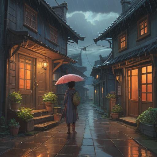 A mystical scene depicting a person preparing to leave their home, dark clouds gathering outside, raindrops beginning to fall, a feeling of hesitation and introspection, symbols of spiritual significance around, a glow of enlightenment, contrasting light and shadow, serene yet foreboding atmosphere, 4k