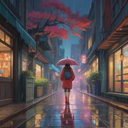 A spiritual interpretation of the moment before stepping out on a rainy day, vibrant colors, ethereal atmosphere, drops of rain glistening in sunlight, a figure pausing with an aura of contemplation, surrounded by lush greenery, positive energy radiating from the scene, symbolism of new beginnings and protection, peaceful yet dynamic composition, 4k