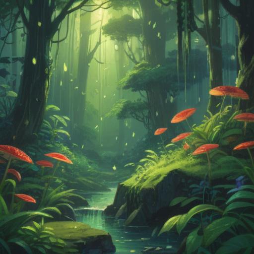A serene and mystical forest scene, raindrops gently falling on lush green leaves, soft glowing light illuminating the surroundings, ethereal figures appearing in the mist, symbolic spiritual signs subtly integrated, a calm atmosphere fostering reflection and awareness, intricate details of nature, 4k