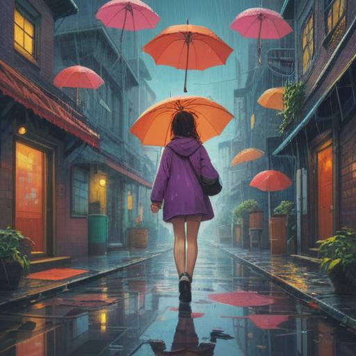 A whimsical scene of a rainy day, vibrant umbrellas, cheerful people jumping in puddles, colorful raincoats, a magical lucky charm in the foreground, reflections on wet pavement, soft rain falling, bright flowers blooming amidst the rain, inviting atmosphere, 4k