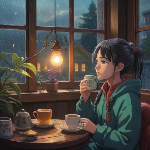 A cozy indoor scene on a rainy day, soft light filtering through the window, a person relaxing with a warm cup of tea, surrounded by plants and books, gentle rain tapping against the glass, calming atmosphere, bright colors contrasting with the gray outside, inviting and serene space, 4k