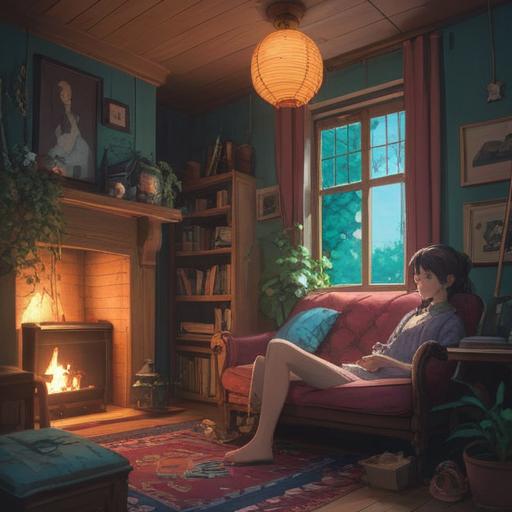 A serene and introspective scene, depicting a person sitting comfortably at home, surrounded by soft lighting and calming decor, reflecting on their feelings, an ethereal aura representing their reluctance to go out, hints of nature visible outside the window, symbolic elements like floating dreams and gentle waves of energy, 4k