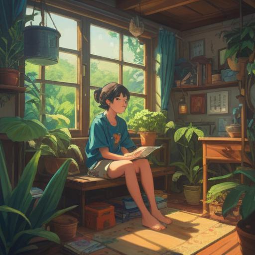 A serene illustration of a person sitting peacefully at home, surrounded by calming elements like plants and soft sunlight, reflecting introspection and self-care, a cozy room atmosphere, soft textures, hints of spirituality, warm colors, a sense of contentment, 4k